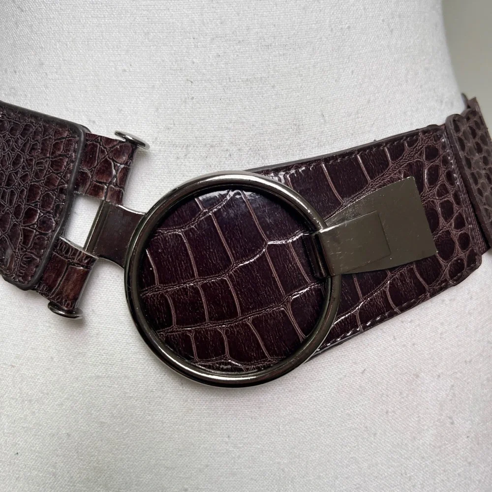 Y2K Wide Elastic Belt Large Brown Faux Croc Silver O-Ring Buckle Chunky Wide Big